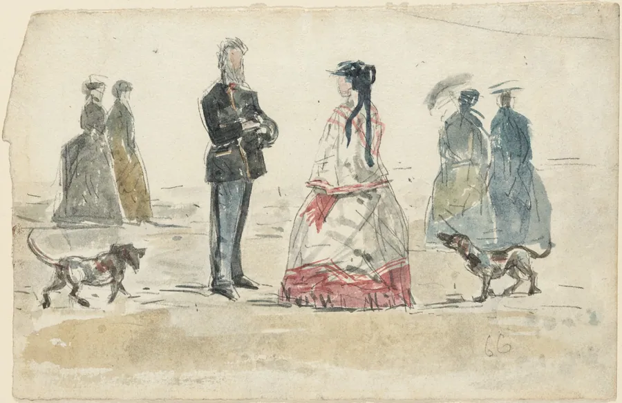 Ladies and Gentleman Walking on the Beach with Two Dogs by Eugène Boudin