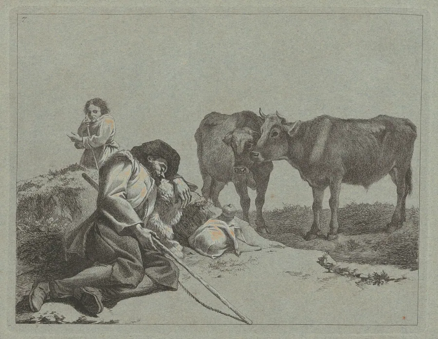 Sleeping Shepherd, Two Calves, and a Peasant Woman by Francesco Londonio