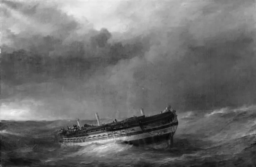 Et orlogsskib efter fransk konstruktion i færd med at kappe de master, der er gået over bord i en storm by Friedrich Theodore Kloss