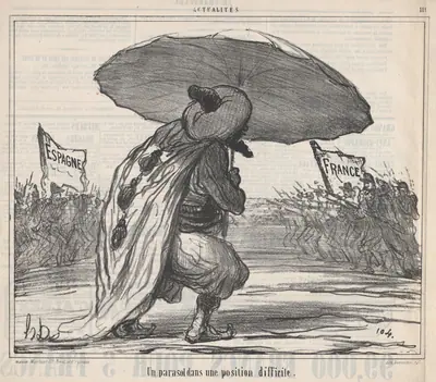 Un parasol dans une position difficule., from Actualités, published in Le Charivari, November 25, 1859