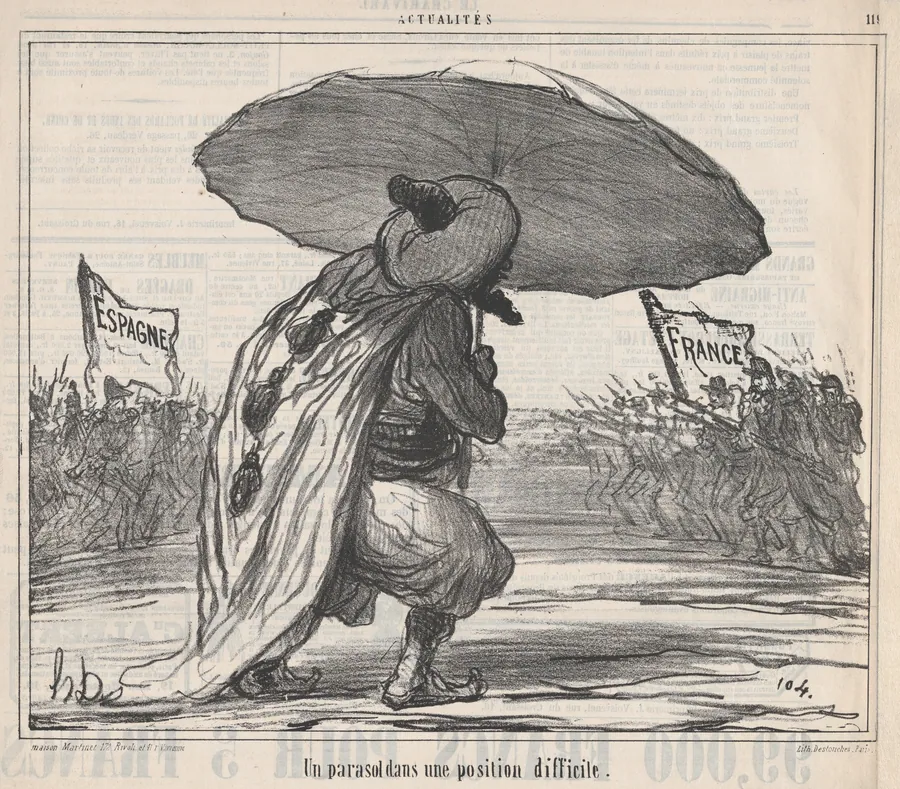 Un parasol dans une position difficule., from Actualités, published in Le Charivari, November 25, 1859 by Destouches