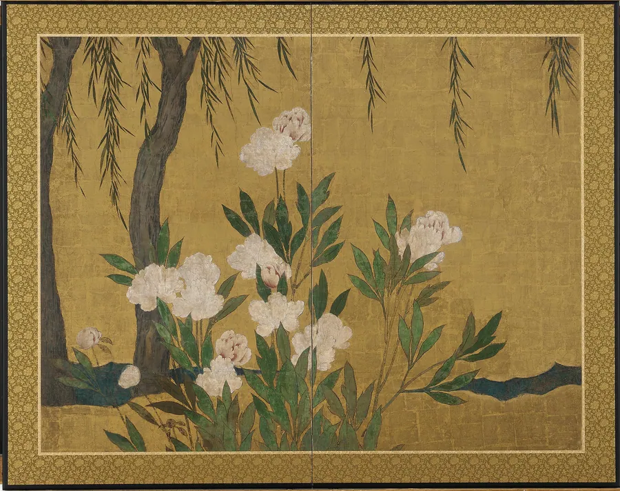 Peonies and willows by Hasegawa Tonin