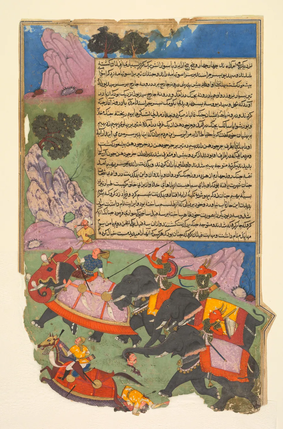 Ghatotkacha and three demons in his company chase Bhagadatta, from Bhishma-parva (volume six) of a Razm-nama (Book of Wars) adapted from the Sanskrit Mahabharata and translated into Persian by Mir Ghiyath al-Din Ali Qazvini, known as Naqib Khan (Persian, d. 1614) by Fazl