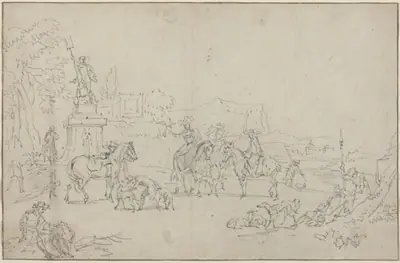 An Elegant Hunting Party Resting by a Fountain