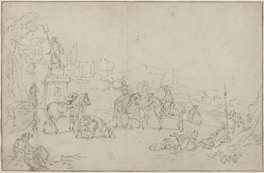 An Elegant Hunting Party Resting by a Fountain by Peeter Bout