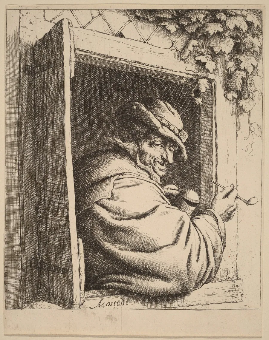 Peasant at a Window Holding a Pipe and a Jug by Adriaen van Ostade