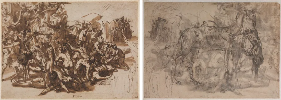 Poros Assailed by the Macedonian Army (recto); Sketches of Animals (verso) by Perino del Vaga