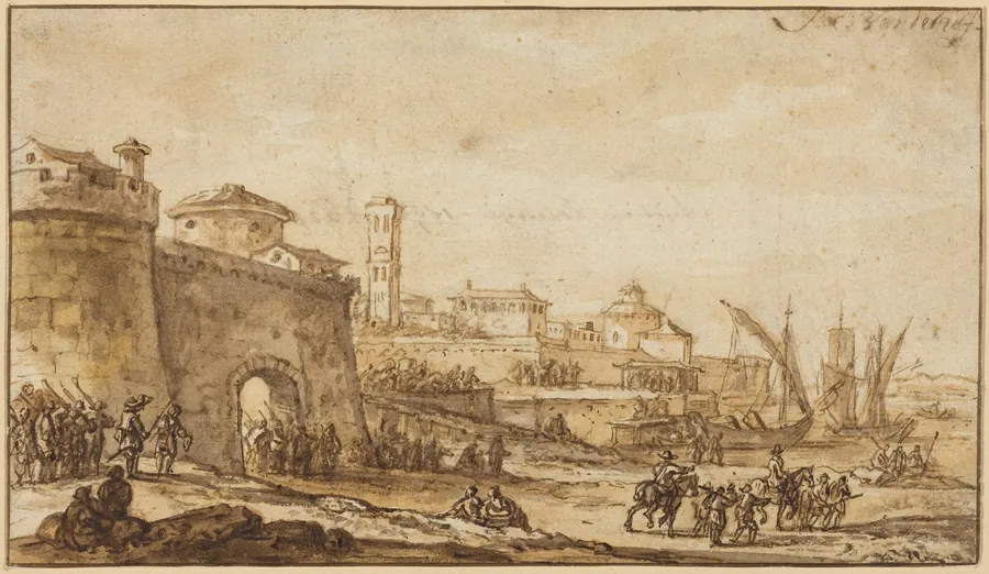 A Coastal Scene with a Fortified Town by Jacob van der Ulft