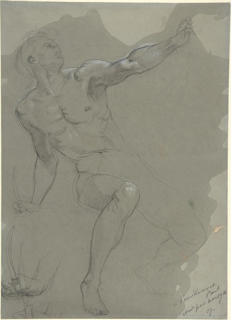 Seated Male Nude (recto); Crouching Male Nude (verso) by Paul Baudry