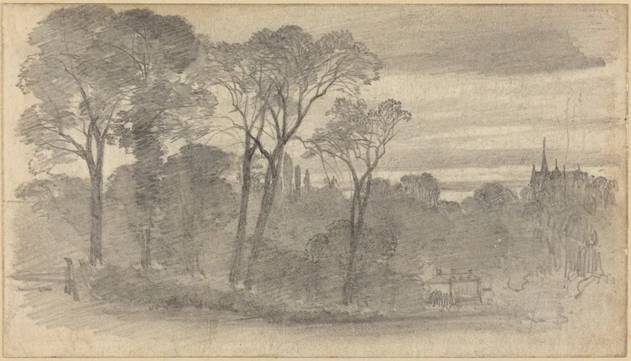 An Evening Landscape with a Distant Cathedral by Myles Birket Foster