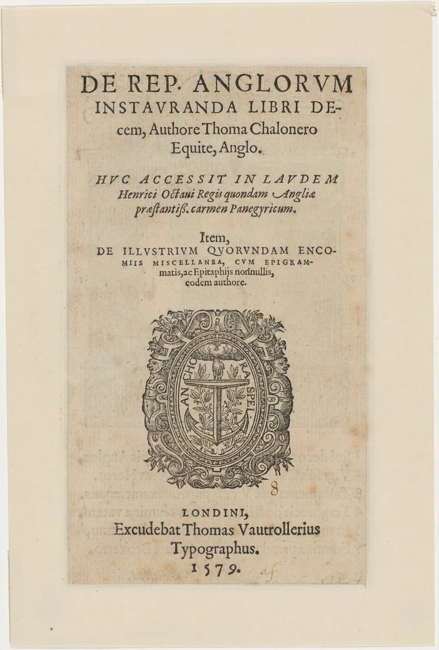 Title Page to De Republicae Anglorum by Thomas Chaloner by Unknown 19th Century