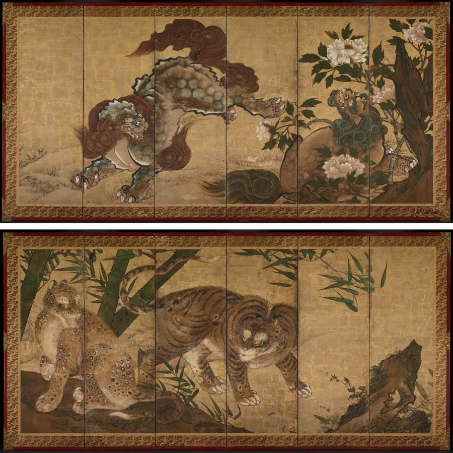Lions and Tigers in Peony and Bamboo by Yamaguchi Sekkei