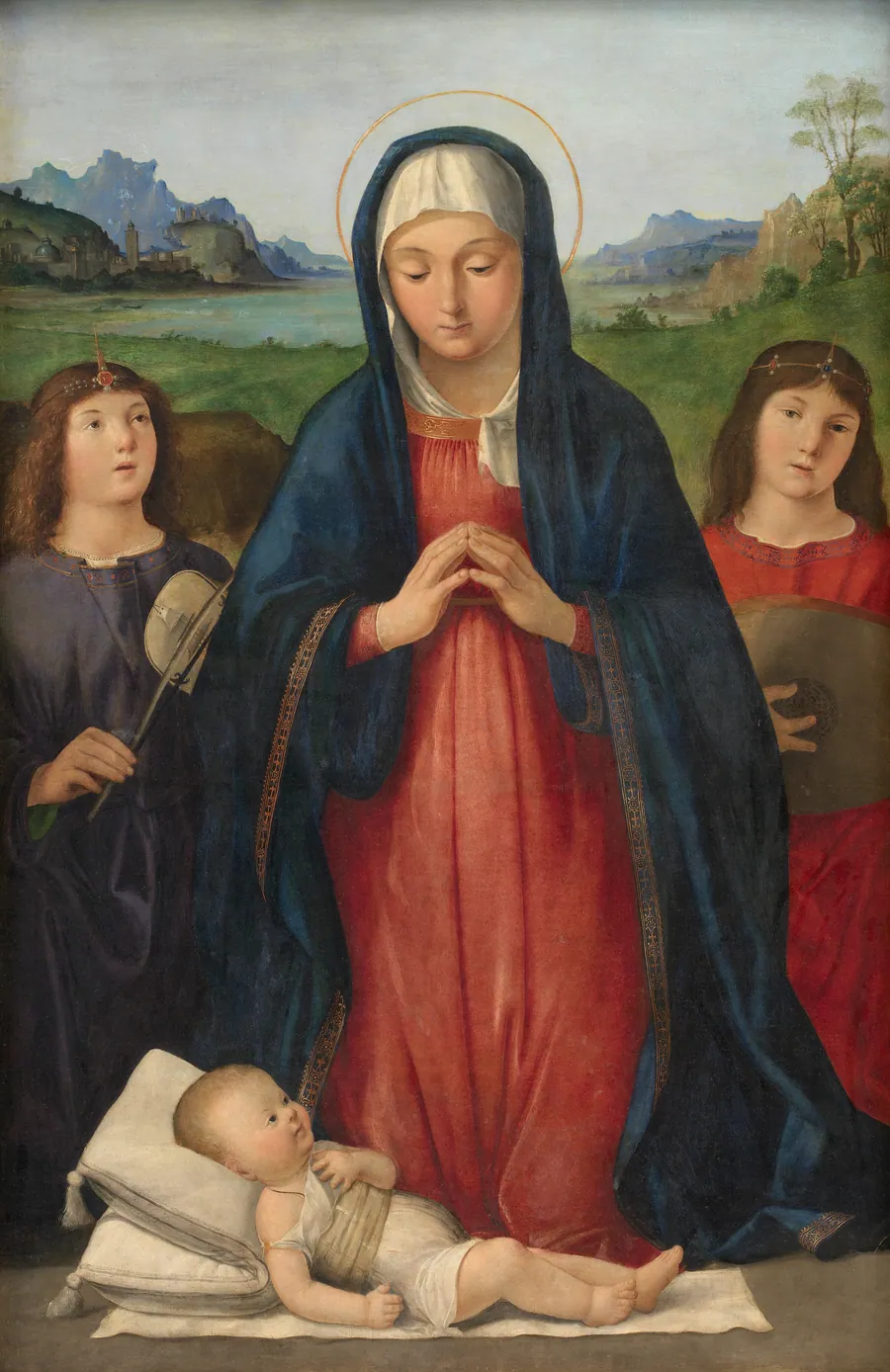 Kristusbarnet tilbedes af Jomfru Maria, der knæler mellem to musicerende engle by Antonio Solario