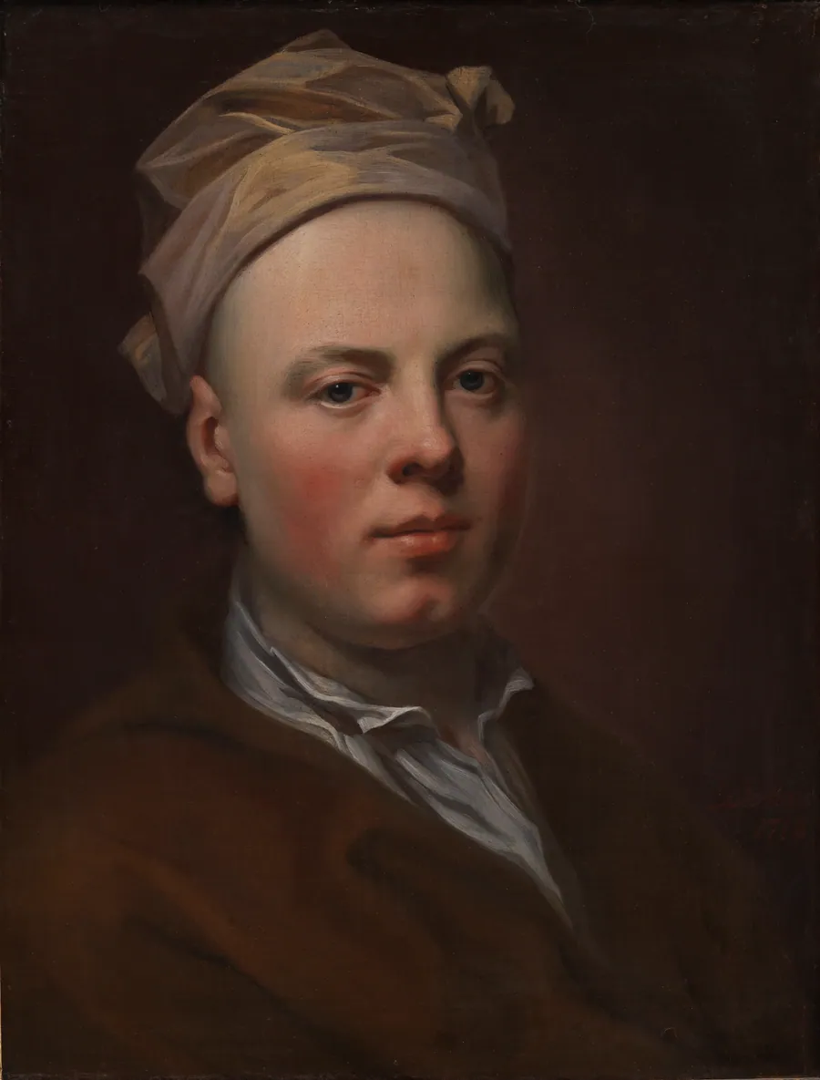 Portræt af en ung mand med hvid hue på hovedet by Balthasar Denner