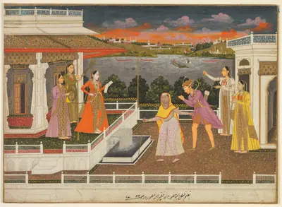 A blindfolded suitor is brought before a princess; verso: scrolling floral vines