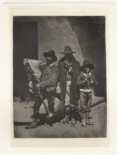 Planche III – Groupe de Trois Pifferari Debout, dans la Cour du 21 Quai Bourbon (Plate III – Group of Three Pifferari Standing, in the Court of 21 Quai Bourbon)