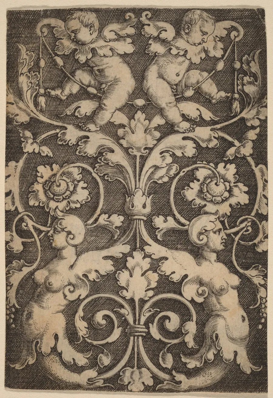Upright Ornament with Two Sirens by Master of the Horse Heads