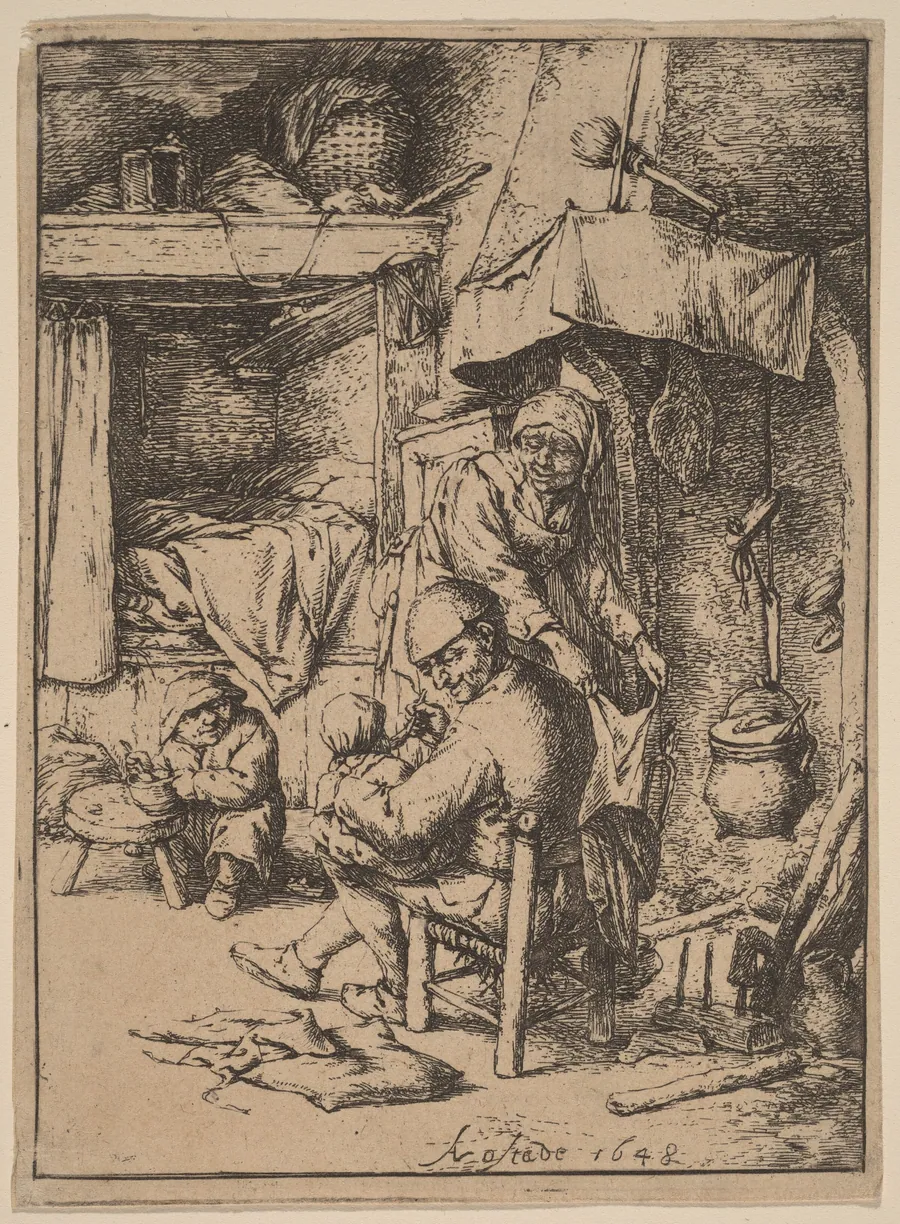 Peasant Family in an Interior wtih the Father Feeding a Child by Adriaen van Ostade