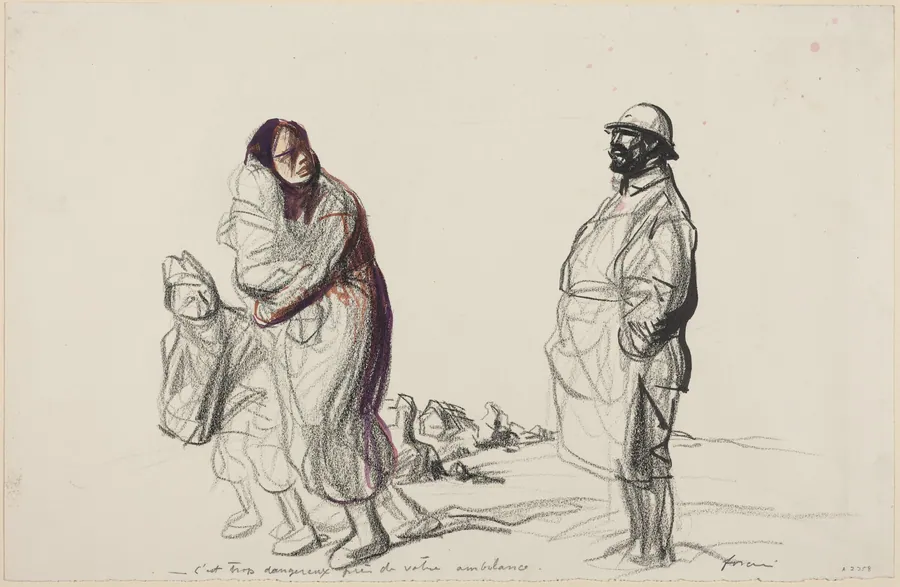 a) C'est trop dangereux pres de votre ambulance (recto); b) Study of Mother and Children (verso) by Jean-Louis Forain
