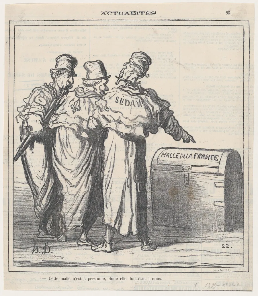 This trunk belongs no one, so it must be ours!, from 'News of the day,' published in Le Charivari, May 6, 1872 by Henri comte de Chambord