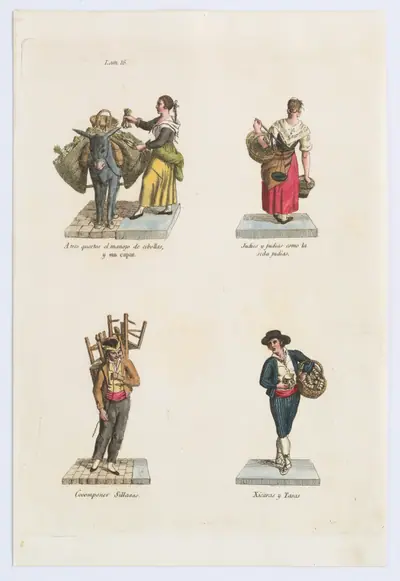 Plate 16: four street vendors from Madrid selling onions, beans, chairs, and crockery, from 'Los Gritos de Madrid' (The Cries of Madrid)