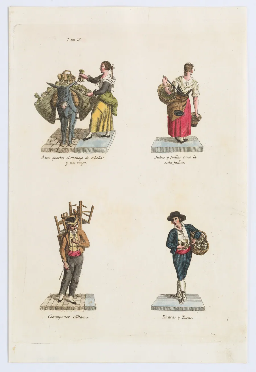 Plate 16: four street vendors from Madrid selling onions, beans, chairs, and crockery, from 'Los Gritos de Madrid' (The Cries of Madrid) by Imprenta Real, Madrid