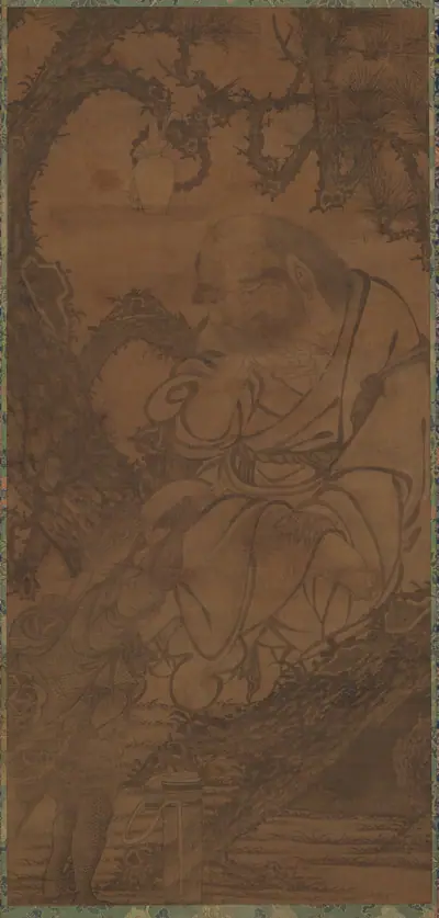 Luohan in a tree and tortoise presenting a scroll