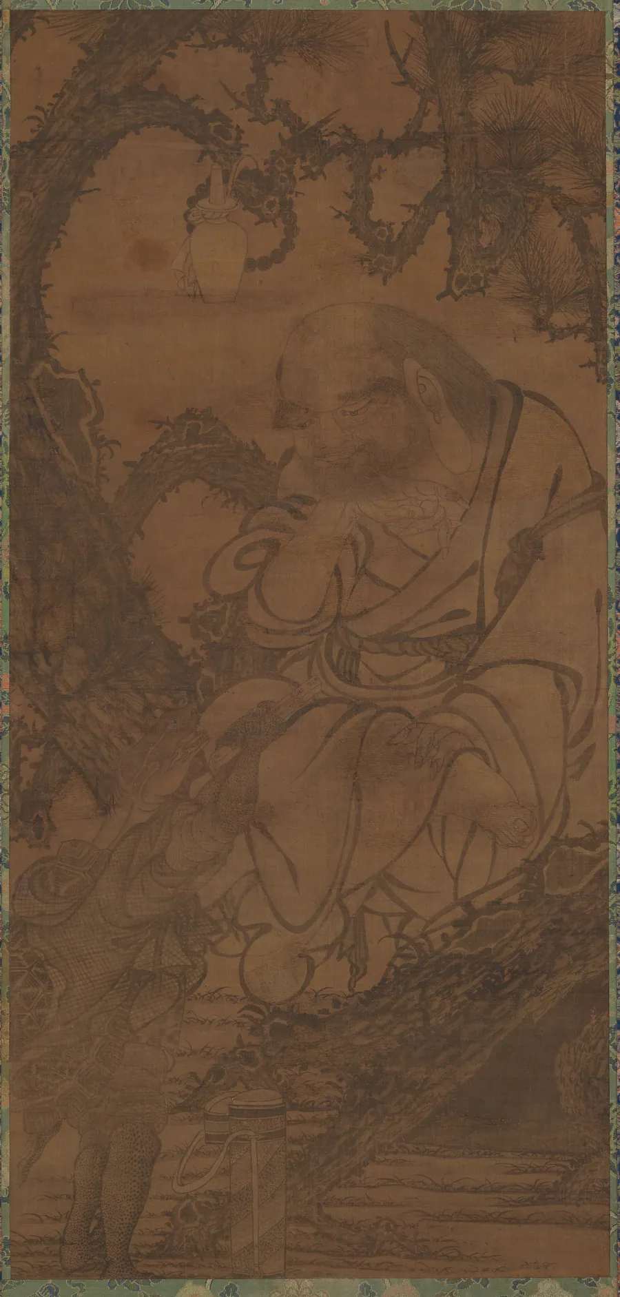 Luohan in a tree and tortoise presenting a scroll by Formerly attributed to Guanxiu (傳)貫休 (822-912)