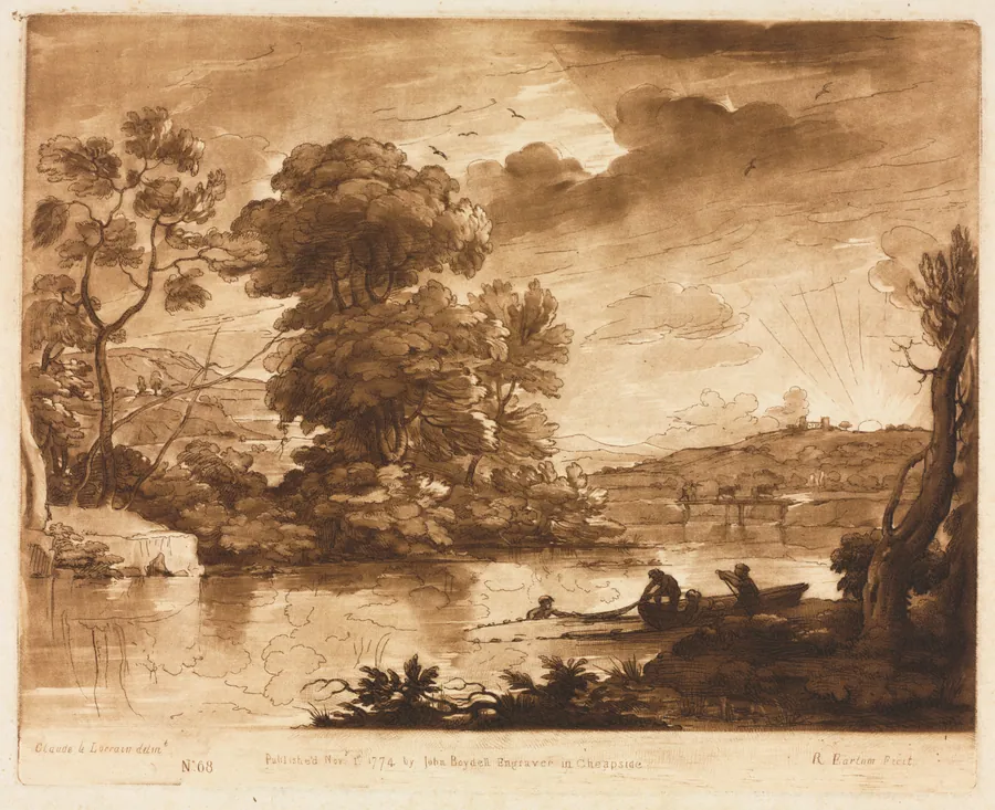 Liber Veritatis:  No. 68, A Landscape at Sunset with Fishermen Drawing a Net by Richard Earlom