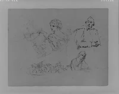 Woman Sketching; Two Women Reading; Portrait of a Man (after Van Dyke?); Half-length Female Portrait; Two Equestrian Figures Leading a Horse (from Sketchbook)
