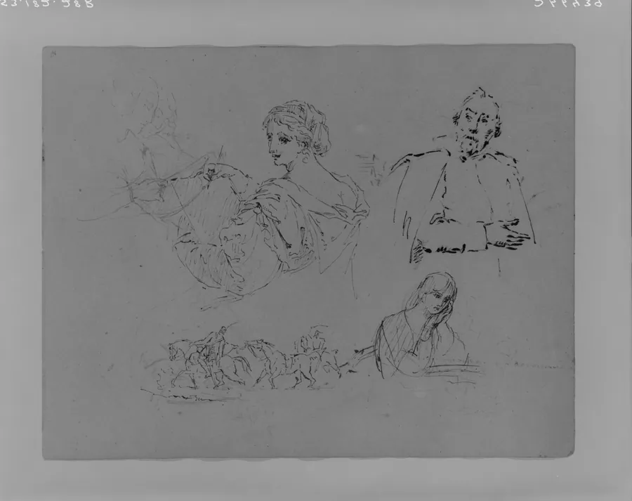 Woman Sketching; Two Women Reading; Portrait of a Man (after Van Dyke?); Half-length Female Portrait; Two Equestrian Figures Leading a Horse (from Sketchbook) by Thomas Sully