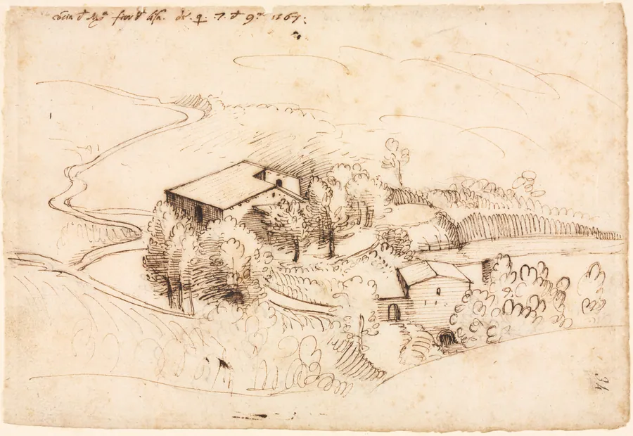 Farm with Trees in a Hilly Landscape by Gherardo Cibo