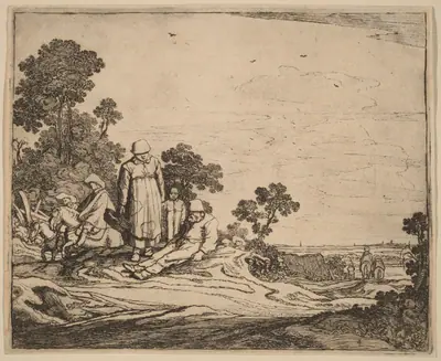 Woman and Child Standing near a Seated Peasant