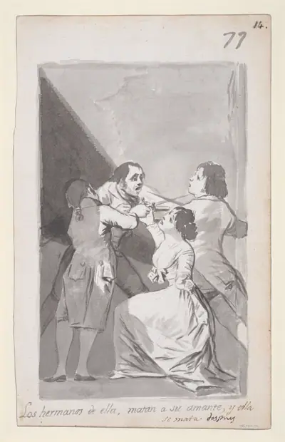 Two brothers killing their sister's lover in her presence; folio 77 (recto) from the Madrid Album 'B'.