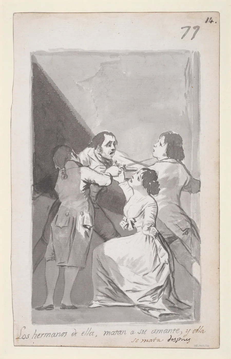 Two brothers killing their sister's lover in her presence; folio 77 (recto) from the Madrid Album 'B'. by Goya (Francisco de Goya y Lucientes)