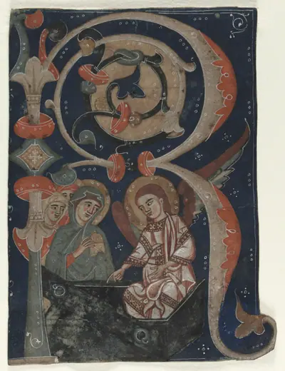 Historiated Initial (R) Excised from a Gradual: The Three Marys at the Tomb