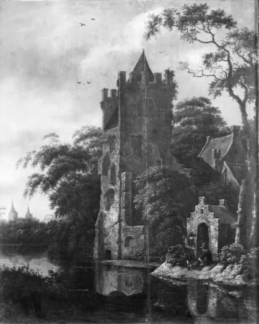 Borgruiner ved en flod by Roelof Jansz. van Vries