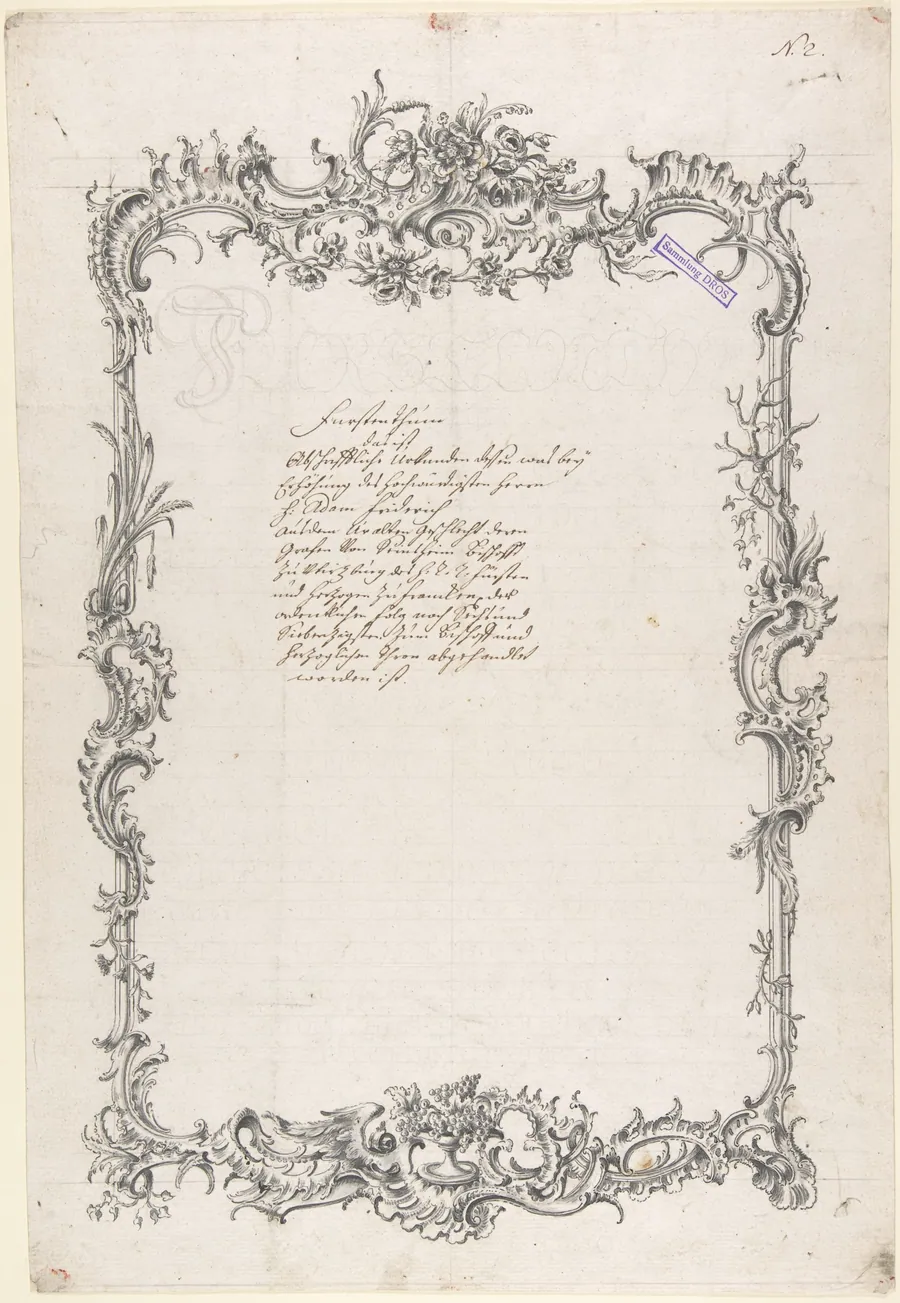 Design for a Frame with Flowers, Feathers, Leaves, and Grapes by Johann Oktavian Salver