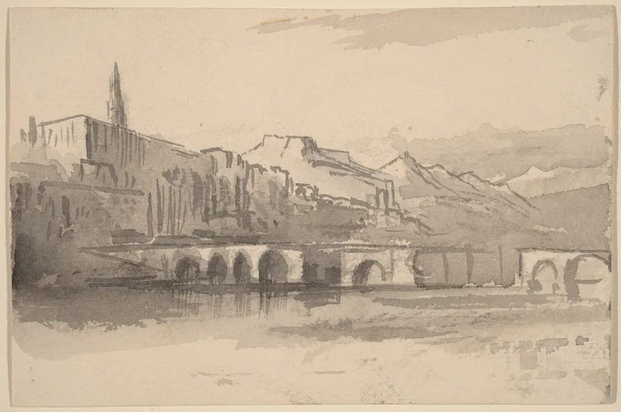 Bridge with Mountains in the Distance (Ventimiglia) by Edward Lear