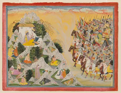 Jarasandha’s army advances toward Krishna and Balarama, folio from a <em>Mahabharata</em>