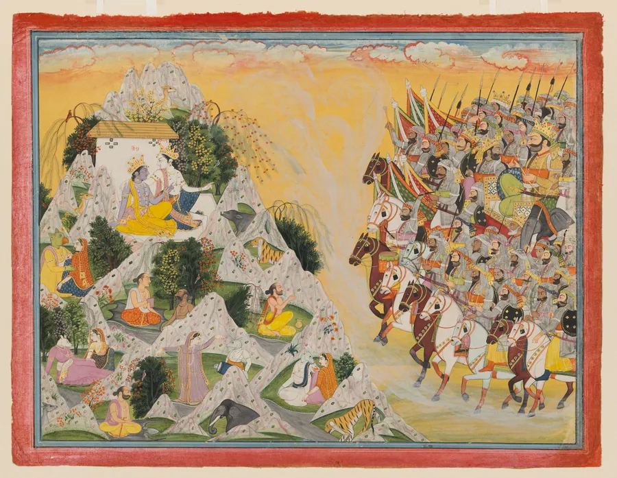 Jarasandha’s army advances toward Krishna and Balarama, folio from a <em>Mahabharata</em> by Attributed to Purkhu (active ca. 1780-ca. 1820)