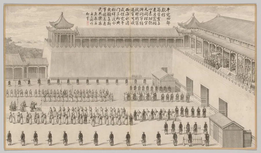 The Presentation of Uigur Captives: from Battle Scenes of the Quelling of Rebellions in the Western Regions, with Imperial Poems by Jean Denis Attiret