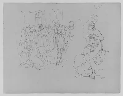 Woman Prostrate Before a Nobleman; Nude Bather Seated on a Rock (Diana?) (from Sketchbook)