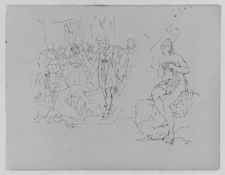 Woman Prostrate Before a Nobleman; Nude Bather Seated on a Rock (Diana?) (from Sketchbook) by Thomas Sully