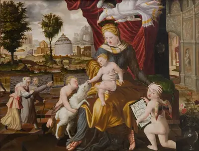 Madonna med barnet omgivet af den lille Johannes og to engle, hvoraf den ene bringer et scepter og kroner Maria med en laurbærkrans