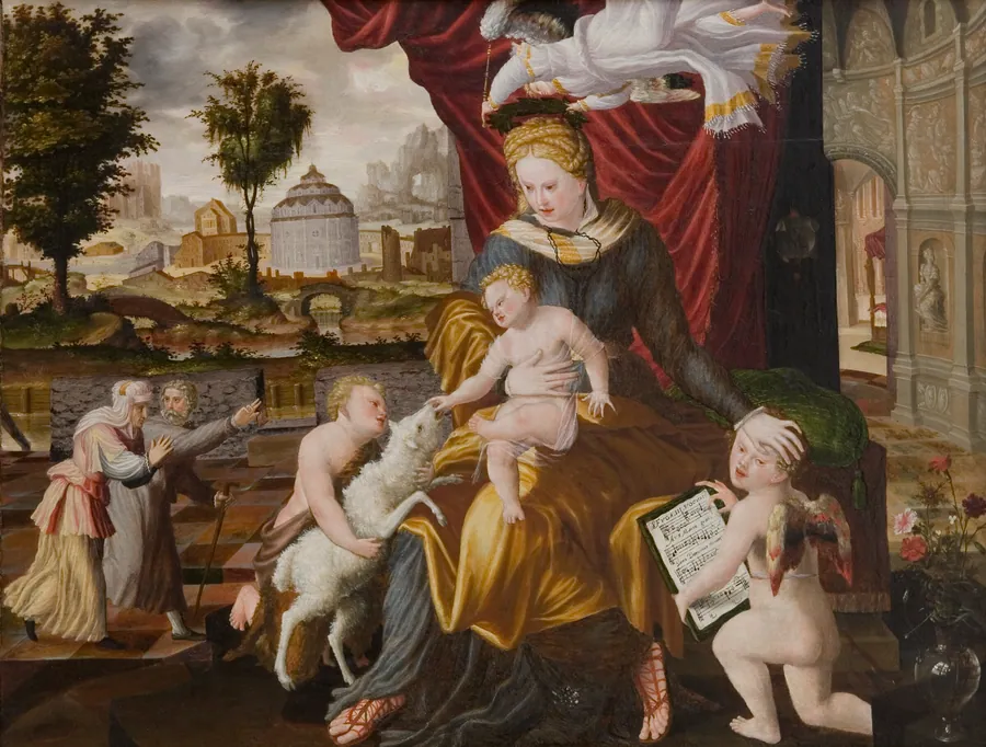 Madonna med barnet omgivet af den lille Johannes og to engle, hvoraf den ene bringer et scepter og kroner Maria med en laurbærkrans by Melchior Lorck