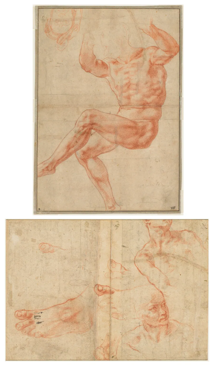 Study for the Nude Youth over the Prophet Daniel (recto); Figure Studies for the Sistine Ceiling (verso) by Michelangelo Buonarroti