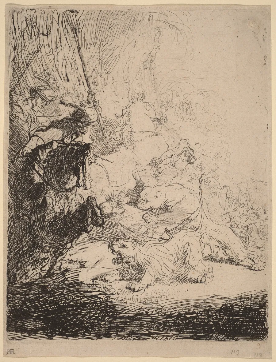 The Small Lion Hunt (with Two Lions) by Rembrandt van Rijn