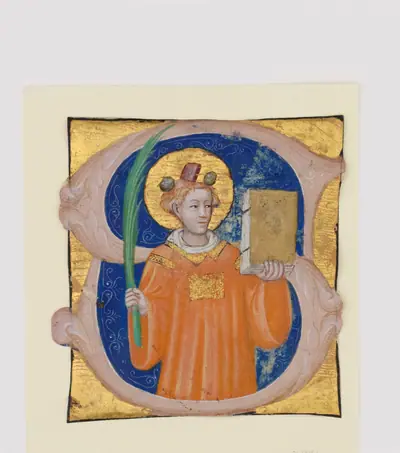 Manuscript Illumination with Saint Stephen in an Initial S, from an Antiphonary