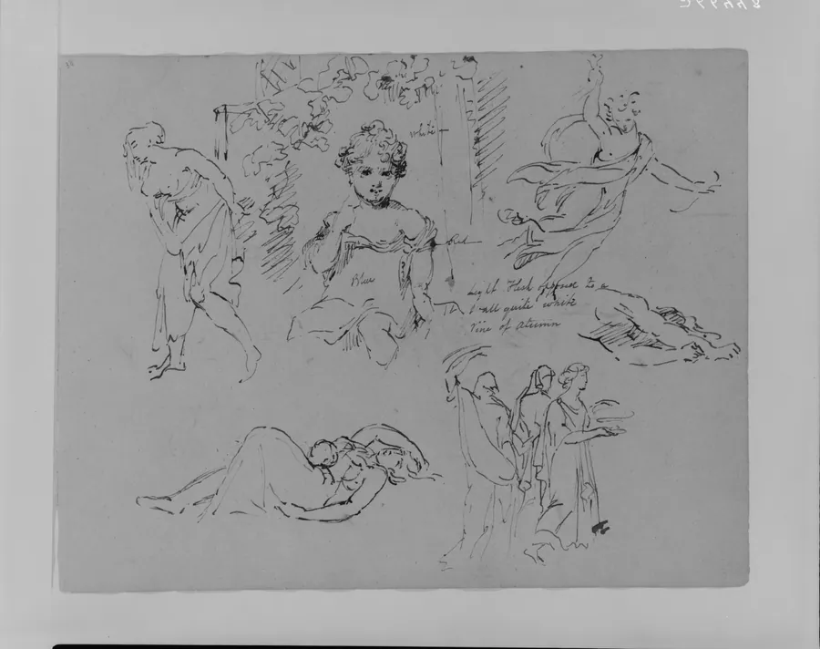 Portrait of Girl in Flower Bower, Walking Draped Female Figure, Angel, Dead Mother and Child, Three Draped Figures (from Sketchbook) by Thomas Sully